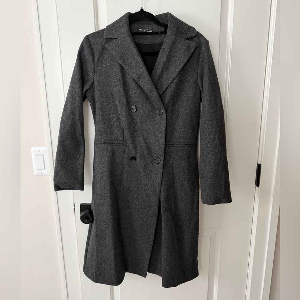 SHEIN Dark Gray Double-Breasted Wool-Blend Pea Coat